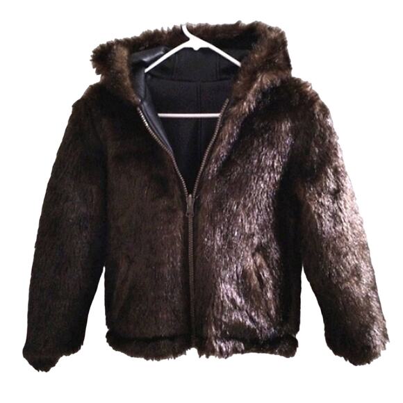 REVERSIBLE Jacket Faux Fur GIRLS Size 7 BROWN Bomber Coat Hooded Faux Leather
